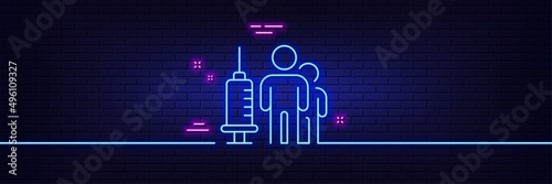 Neon light glow effect. Medical vaccination line icon. Medicine vaccine sign. Pharmacy medication symbol. 3d line neon glow icon. Brick wall banner. Medical vaccination outline. Vector