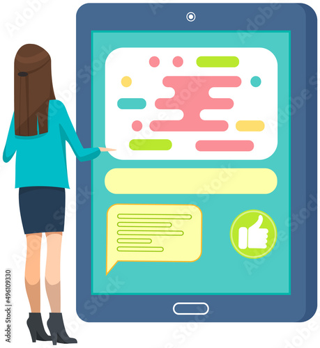 Young happy woman walking with mobile phone using smartphone to share posts and news in social networks, chatting with friends, sending message. Girl holds smart phone to make repost of video and news