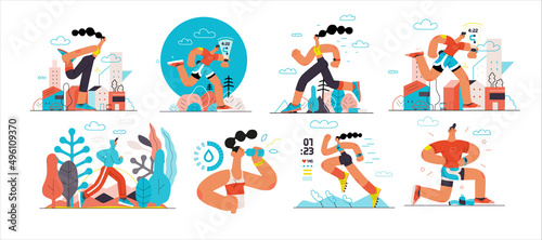 Runners set. Flat vector concept illustrations of male and female athletes running in the park  forest  stadium track or street landscape. Healthy activity and lifestyle. Sprint  jogging  warming up.