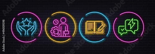 Ranking, Feedback and Inspect minimal line icons. Neon laser 3d lights. Lightning bolt icons. For web, application, printing. Hold star, Book with pencil, Work quality. Messenger. Vector