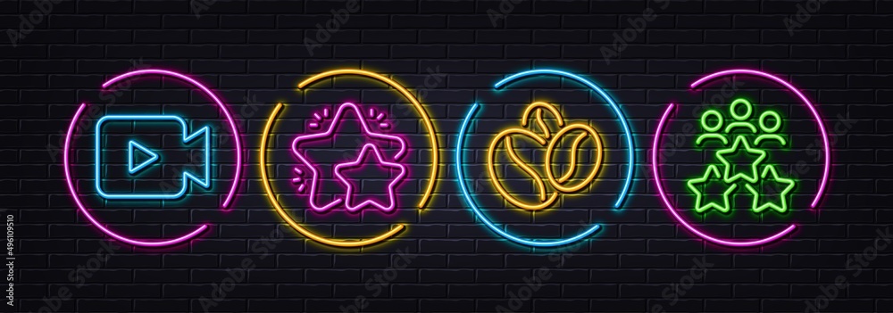 Video camera, Star and Coffee beans minimal line icons. Neon laser 3d lights. Business meeting icons. For web, application, printing. Movie or cinema, Customer feedback, Roasted seeds. Vector Video camera, Star and Coffee beans minimal line icons. Neon laser 3d lights. Business meeting icons. For web, application, printing. Movie or cinema, Customer feedback, Roasted seeds. Vector