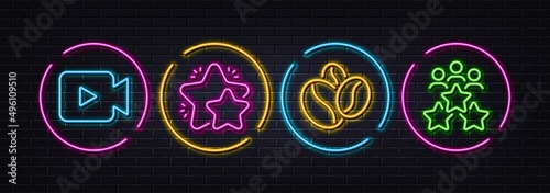 Video camera, Star and Coffee beans minimal line icons. Neon laser 3d lights. Business meeting icons. For web, application, printing. Movie or cinema, Customer feedback, Roasted seeds. Vector