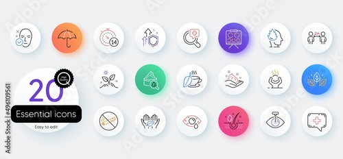 Simple set of Difficult stress, Health skin and Umbrella line icons. Include Eye laser, Medical chat, Vision board icons. Mint tea, Ð¡onjunctivitis eye, Improving safety web elements. Vector