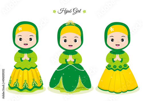 Hijab Girl set. Muslim girl set. Cute cartoon Arab girls in beautiful dress