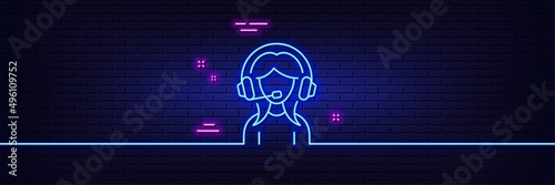 Neon light glow effect. User Support line icon. Female Profile sign. Woman Person silhouette symbol. 3d line neon glow icon. Brick wall banner. Support outline. Vector