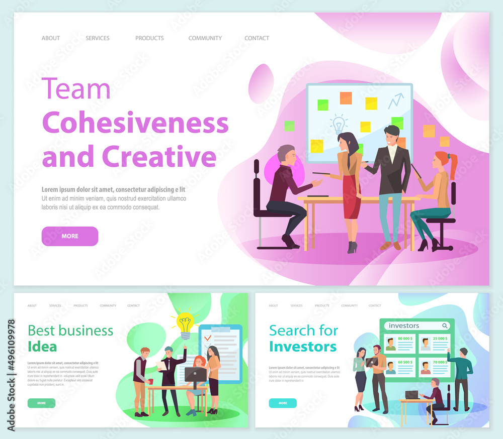 Team cohesiveness and creative, best business idea, search for investors concept. People brainstorming, meeting and teambuilding. Colleagues discuss development. Business website landing pages set