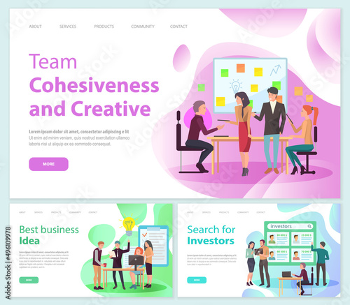 Team cohesiveness and creative, best business idea, search for investors concept. People brainstorming, meeting and teambuilding. Colleagues discuss development. Business website landing pages set