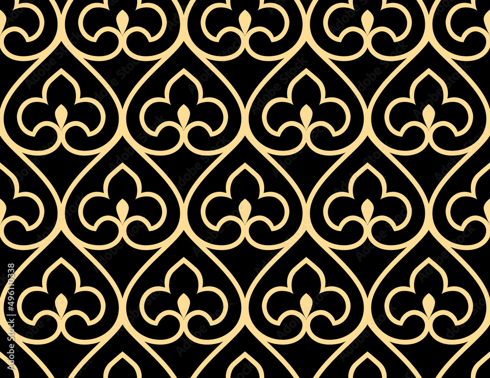 Fototapeta premium Abstract geometry pattern in Arabian style. Seamless vector background. Gold and black graphic ornament. Simple lattice graphic design