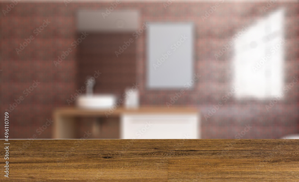 Clean and fresh bathroom with natural light. 3D rendering.. Mock. Background with empty table. Flooring. Clean and fresh bathroom with natural light. 3D rendering.. Mock. Background with empty table. Flooring.