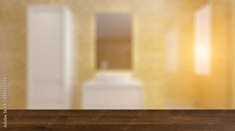 Fototapeta premium Spacious bathroom in gray tones with heated floors, freestanding. Background with empty table. Flooring.