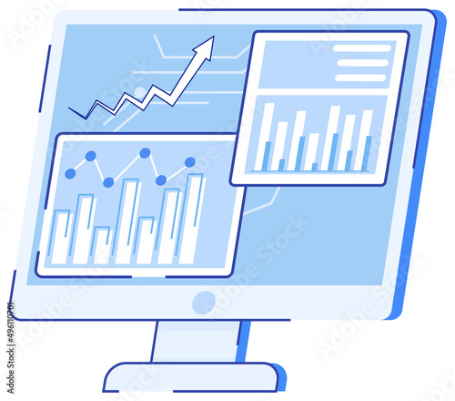 Computer screen with various graphs and diagrams. Data analysis and investment. Business success program. Statistical calculations, financial research. Analysis of statistics for business strategy