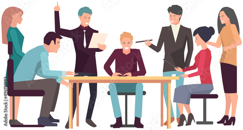Businesspeople have project strategy planning meeting. Teamwork with business plan, creating new creative project. Meeting to discuss starting business. Colleagues discussing work in entrepreneurship