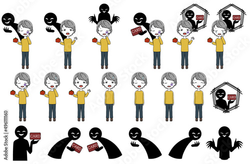 高齢女性が詐欺や不正利用の被害にあうイメージのイラスト素材セット