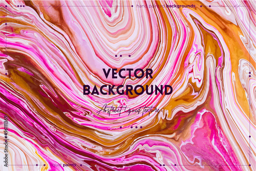 Fluid art texture. Abstract background with mixing paint effect. Liquid acrylic picture with artistic mixed paints. Can be used for baner or wallpaper. Golden, white and coral overflowing colors.