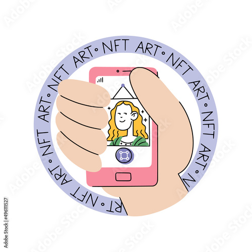 Cute modern sticker of NFT art concept. The hand holds mobile phone with opened NFT art in shop. Good for web, apps and prints.