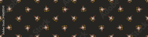 Dark boho flowers seamless border pattern in trendy ditsy wildflower style. Hand drawn organic botanical fashion edging trim. Modern summer garden bloom in vintage cottage core ribbon style