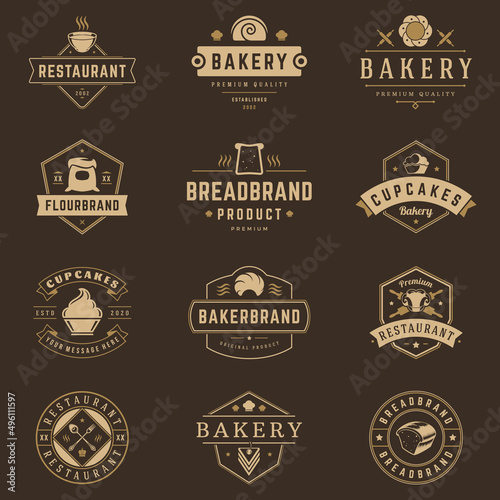 Bakery shop logos templates set. Vector object and icons for pastries labels, bread badges, emblems graphics.