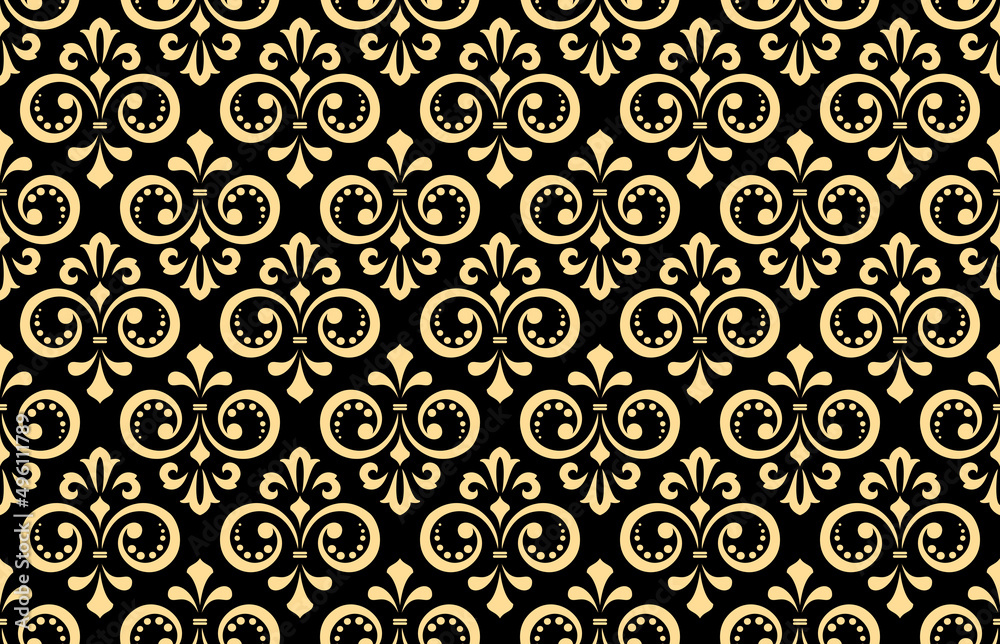 Floral pattern. Vintage wallpaper in the Baroque style. Seamless vector background. Gold and black ornament for fabric, wallpaper, packaging. Ornate Damask flower ornament