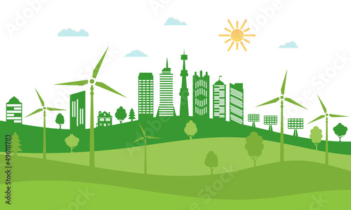 Green city with renewable energy sources. Ecological city and environment conservation. Sustainable development concept. Save the world.
