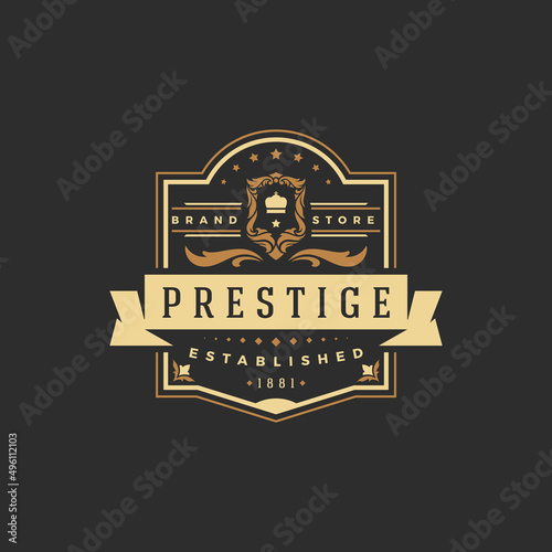 Luxury logo template vector object for logotype or badge design. Trendy vintage royal style illustration, good for fashion boutique, alcohol or hotel brand.