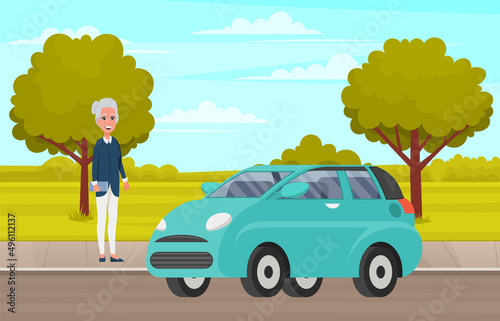 Senior woman in cardigan and with clutch. Elderly female character with gray hair stands next to her personal transport. Pensioner, retired lady with handbag in her hand near small car for women