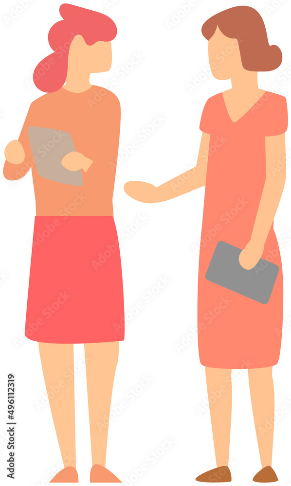 Communicating office workers. Women standing with digital tablets and talking. Colleagues, businesswomen discussing work, strategy. Partners, company employee, brainstorming of female characters Communicating office workers. Women standing with digital tablets and talking. Colleagues, businesswomen discussing work, strategy. Partners, company employee, brainstorming of female characters