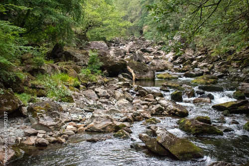 Fast flowing water/waterfalls flowing through the Aberglaslyn Pass near to Beddgelert, in Snowdonia National Park, north Wales photo