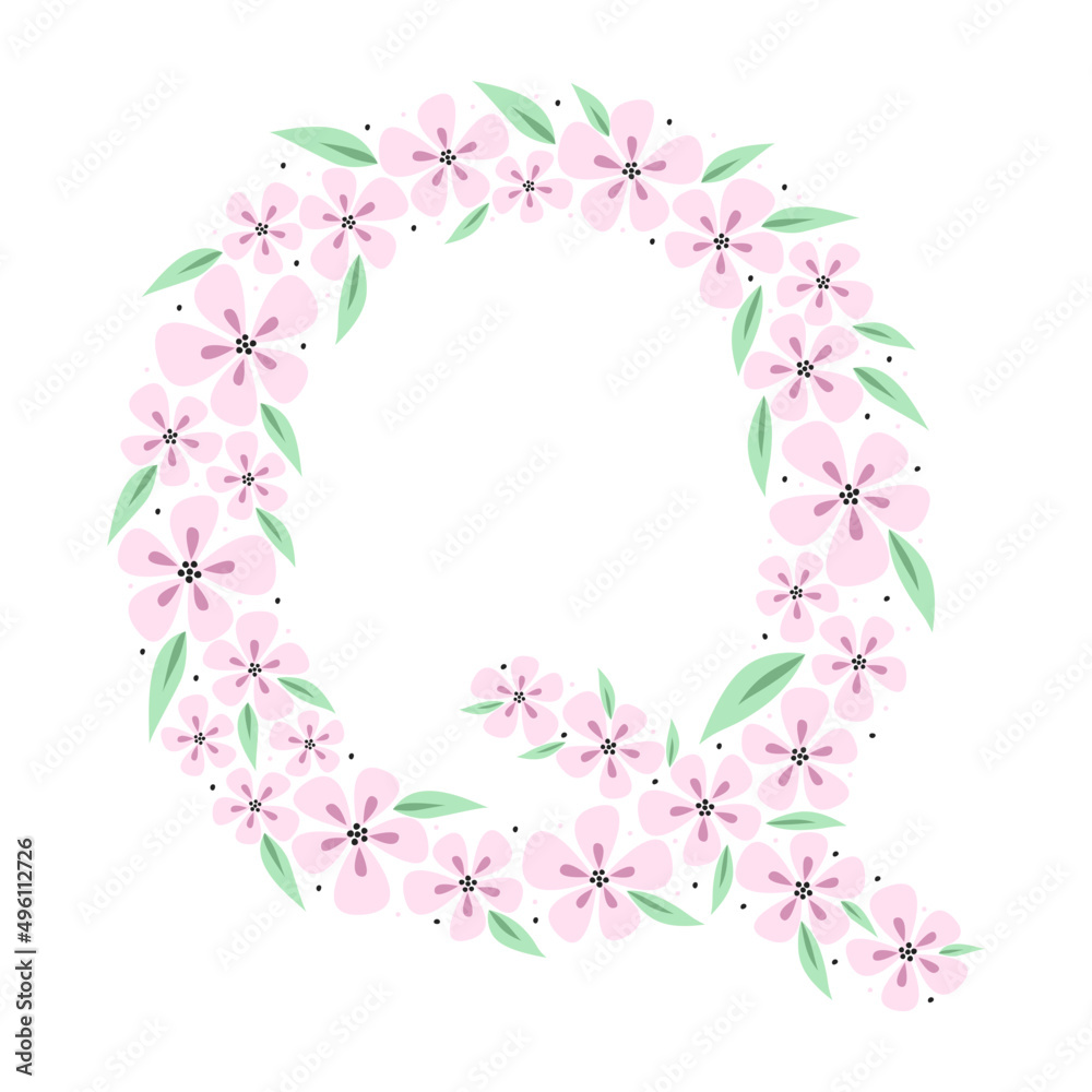 Floral botanical alphabet. Vintage hand drawn monogram letter Q. Letter with plants and flowers. Vector lettering isolated on white	
