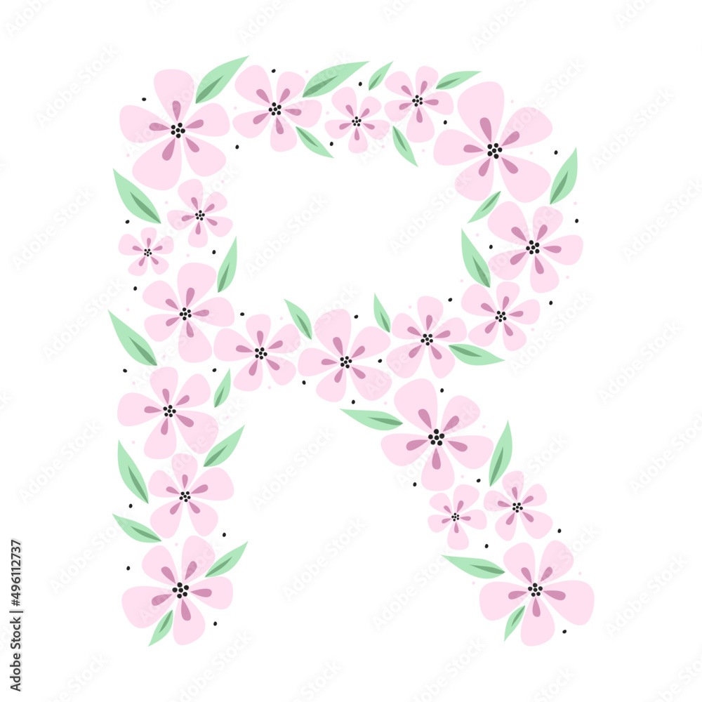 Floral botanical alphabet. Vintage hand drawn monogram letter R. Letter with plants and flowers. Vector lettering isolated on white	