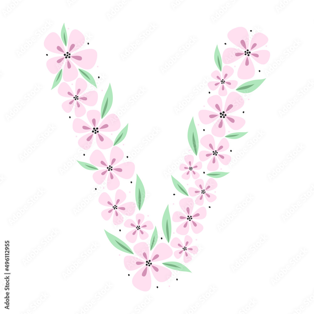 Floral botanical alphabet. Vintage hand drawn monogram letter V. Letter with plants and flowers. Vector lettering isolated on white