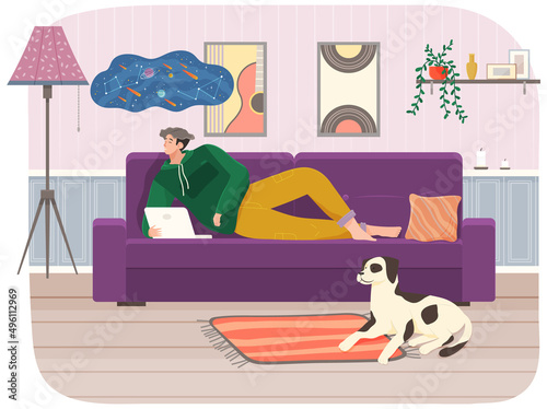 Man lying on couch with computer, holding laptop and correspondence surfing in Internet. Male character communicating with friends, studying remotely, sitting on sofa, relaxing, resting after work