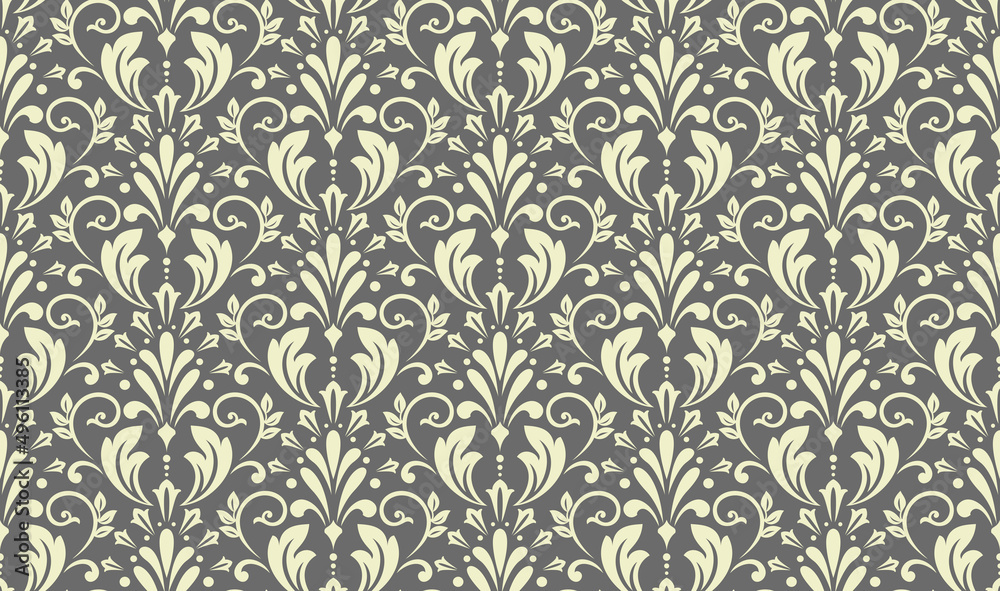 Wallpaper in the style of Baroque. Seamless vector background. Gray floral ornament. Graphic pattern for fabric, wallpaper, packaging. Ornate Damask flower ornament