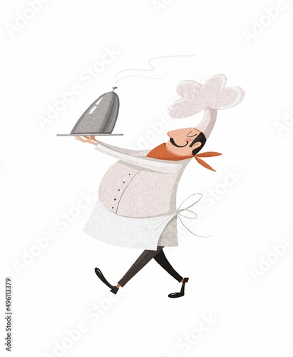 Funny chef in a uniform cap and a tray in his hands. Cute cartoon style. Stock illustration.
