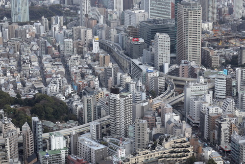 日本の東京の街並み。密集したビル群。高層ビルの展望室から撮影。 © 藤木N鮭