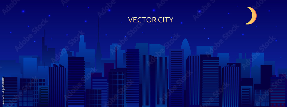 Fototapeta premium Vector poster with city view. Urban landscape with skyscrapers Panoramic view. Night city with moon.