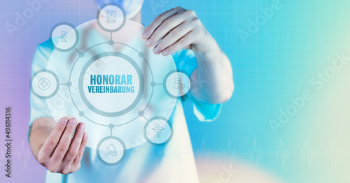 Honorarvereinbarung. Medizin in der Zukunft. Arzt hält virtuelles Interface mit Text und Icons im Kreis. photo