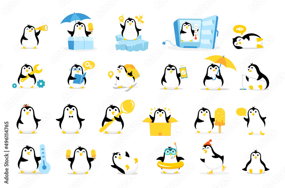 Obraz premium Penguin icon pack for your store. Mascot cartoon vector illustration.