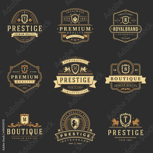 Luxury monograms logos templates vector objects set for logotype or badge design. Trendy vintage royal ornament frames illustration, good for fashion boutique, alcohol or hotel brand.
