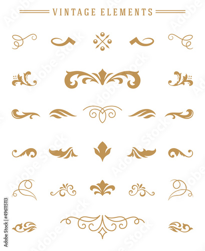 Vintage ornaments set floral elements for design invitations greeting cards, menu frames, and boutique monogram logos. Vector illustration golden color style.