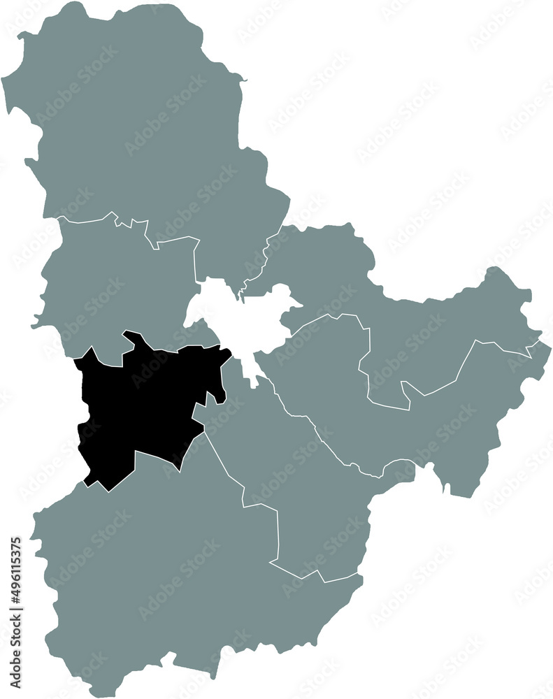 Black flat blank highlighted location map of the FASTIV RAION inside gray raions map of the Ukrainian administrative area of Kyiv Oblast, Ukraine