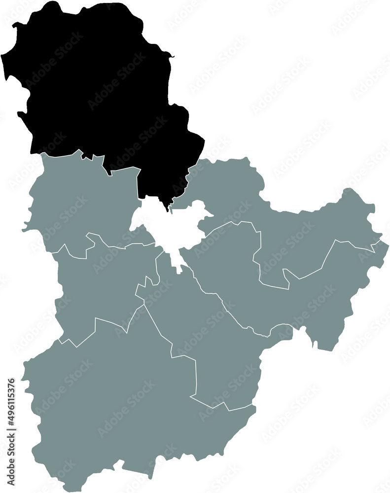 Black flat blank highlighted location map of the VYSHHOROD RAION inside gray raions map of the Ukrainian administrative area of Kyiv Oblast, Ukraine