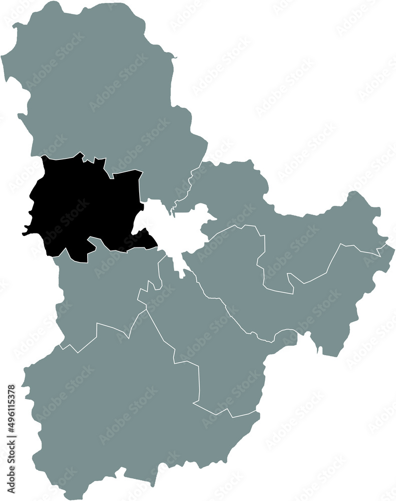 Black flat blank highlighted location map of the BUCHA RAION inside gray raions map of the Ukrainian administrative area of Kyiv Oblast, Ukraine