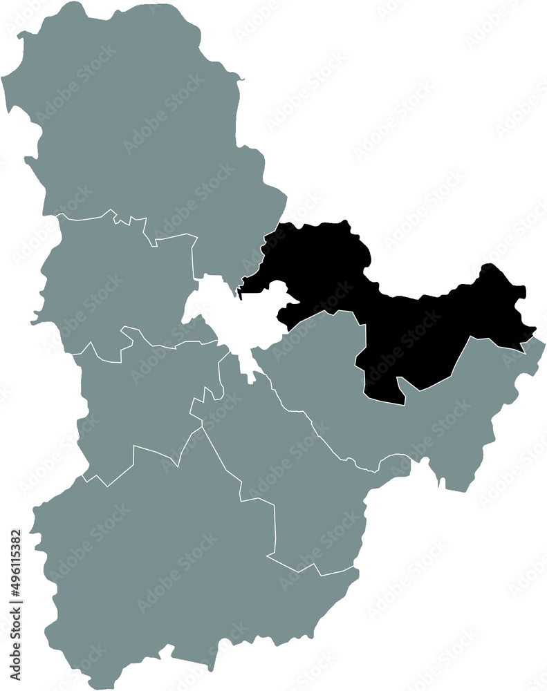 Black flat blank highlighted location map of the BROVARY RAION inside gray raions map of the Ukrainian administrative area of Kyiv Oblast, Ukraine