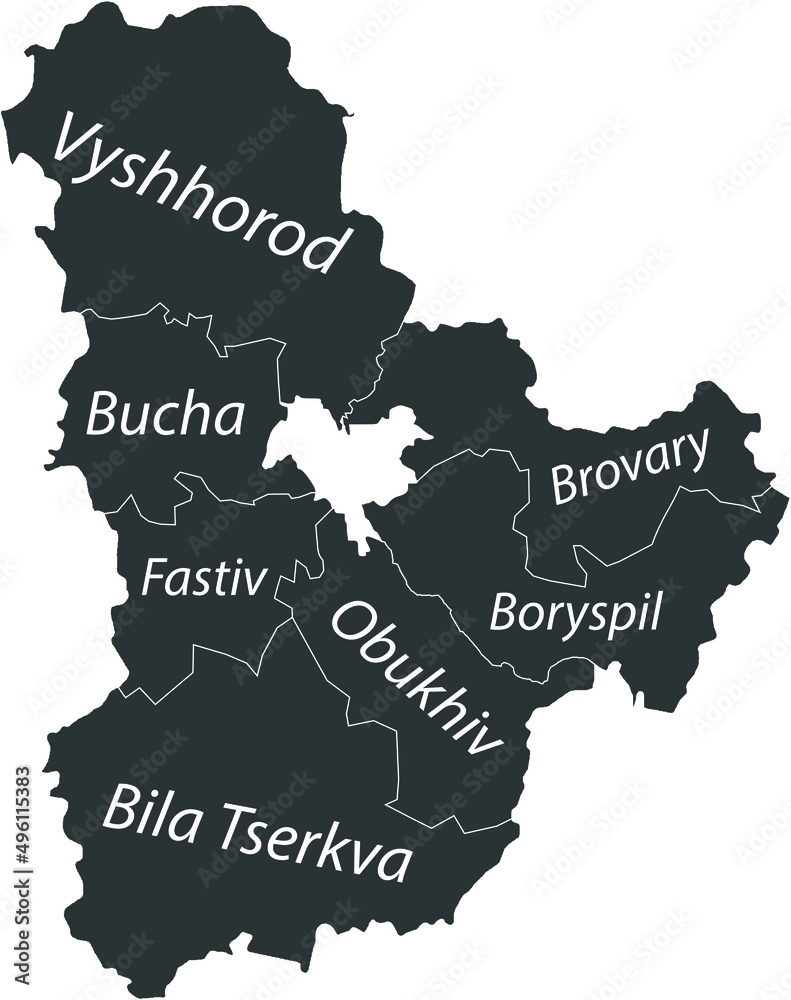 Dark gray flat vector map of raion areas of the Ukrainian administrative area of KYIV OBLAST, UKRAINE with white border lines and name tags of its raions