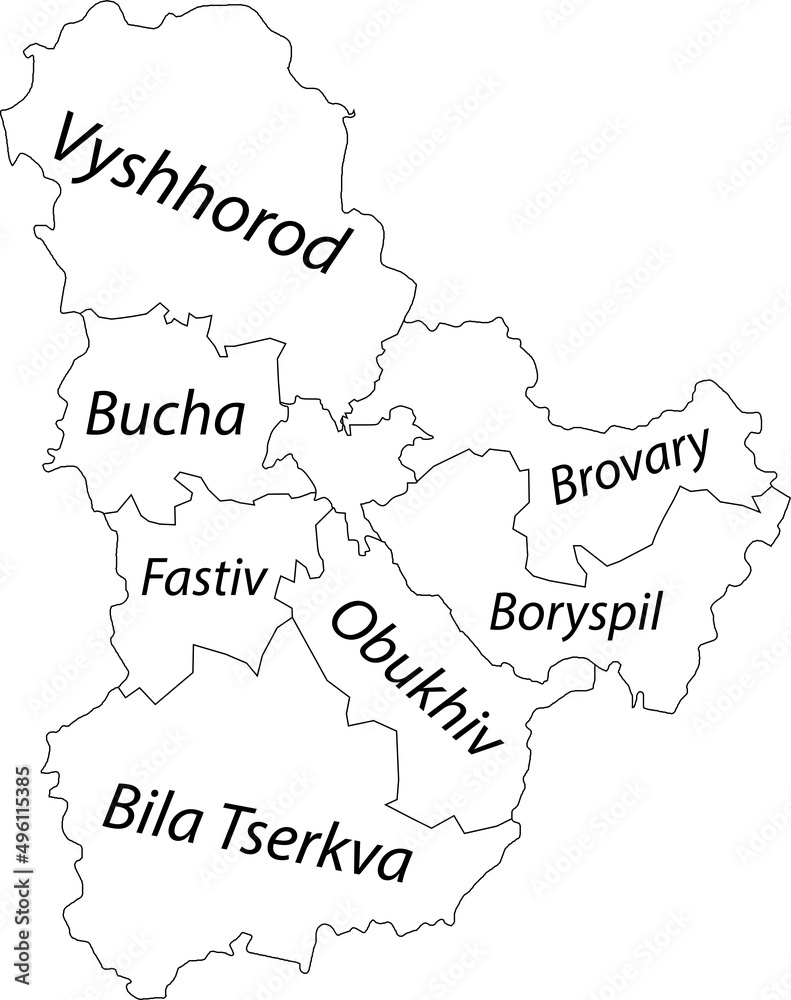 White flat vector map of raion areas of the Ukrainian administrative area of KYIV OBLAST, UKRAINE with black border lines and name tags of its raions