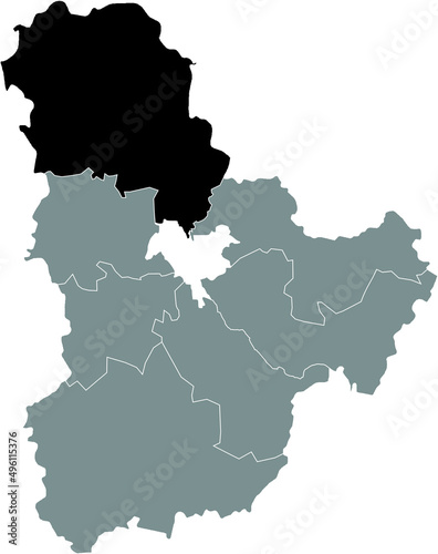 Black flat blank highlighted location map of the VYSHHOROD RAION inside gray raions map of the Ukrainian administrative area of Kyiv Oblast  Ukraine