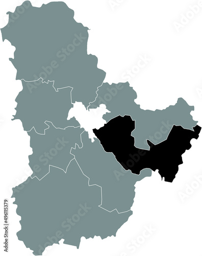 Black flat blank highlighted location map of the BORYSPIL RAION inside gray raions map of the Ukrainian administrative area of Kyiv Oblast  Ukraine