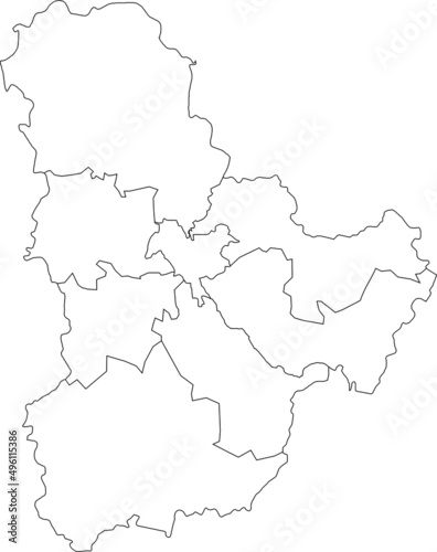 White flat blank vector map of raion areas of the Ukrainian administrative area of KYIV OBLAST, UKRAINE with black border lines of its raions