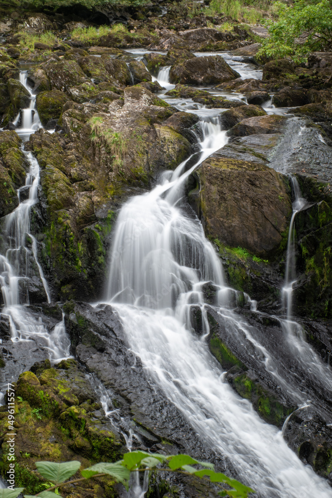 Rhaeadr Ewynnol (Swallow Falls) waterfall, close to the town of Betws-y-Coed. In Snowdonia National Park, north Wales