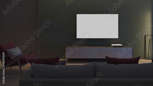 Modern house interior. Evening lighting. Night. 3D rendering.